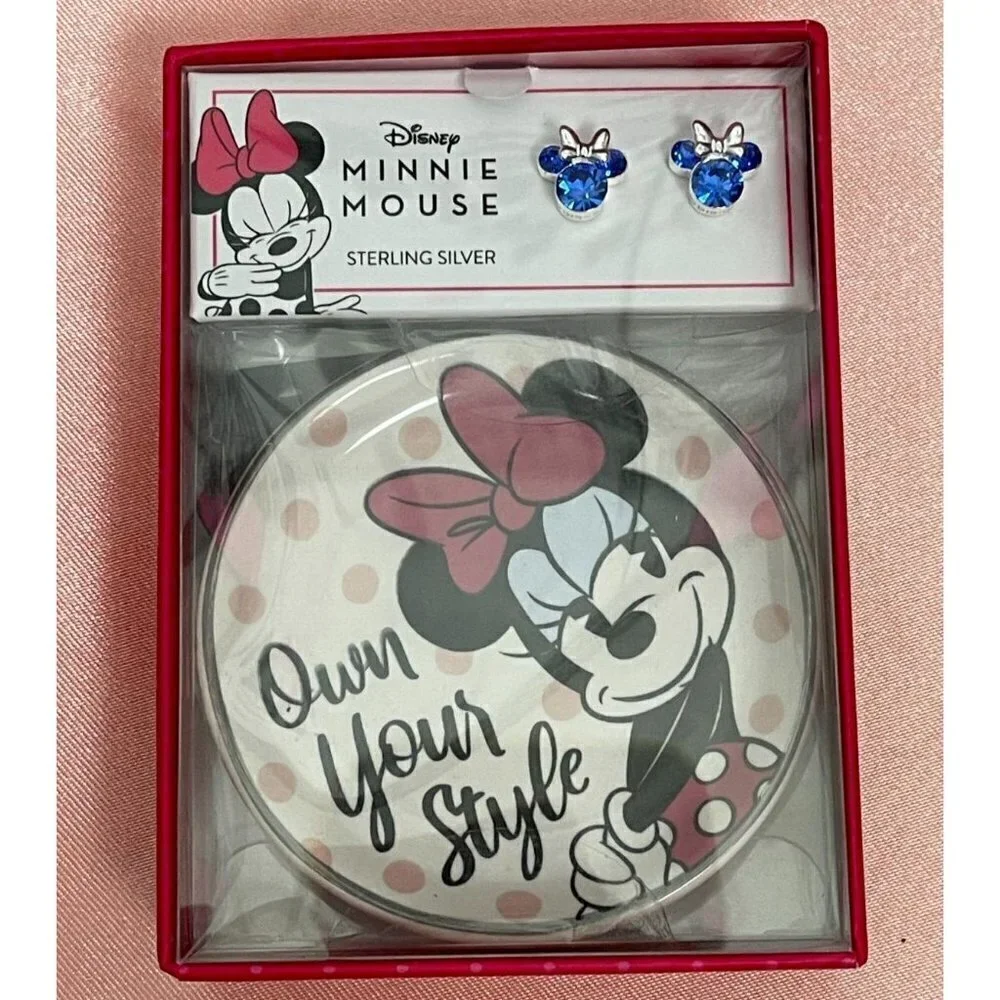 Disney Kids Sterling Silver Blue Crystal Minnie Mouse Stud Earrings & Mini Dish